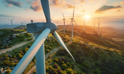 close-up photo of wind generators spinning in morning foggy mountain rural area with beautiful sunse