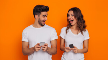 Poster - young man and woman are both holding smartphones and smiling at each other, with a bright orange background