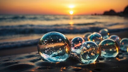 Wall Mural - Abstract beautiful transparent soap bubbles floating on sunset background Abstract beautiful transparent soap bubbles floating on sunset background on beach