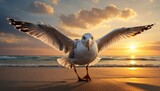 Fototapeta Sport - As the sun sets over the tranquil beach, a lone seagull gracefully glides across the sky, its wings catching the last rays of light
