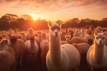 Wall Mural - Herd of alpacas at sunset