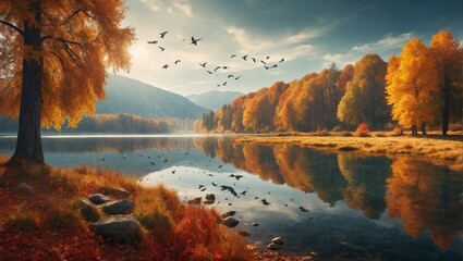 autumn landscape with lake and forest with birds