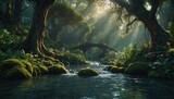 Fototapeta Las - Beautiful fantasy fairy forest with river