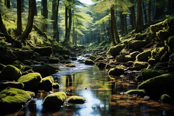 Canvas Print - Serene mountain stream on wooded trail., generative IA