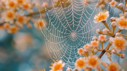 Wall Mural - a close up of a spider web on a branch of a tree with yellow flowers in the foreground and a blurry 
