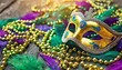bright stylish mask beads and feathers mardi gras background