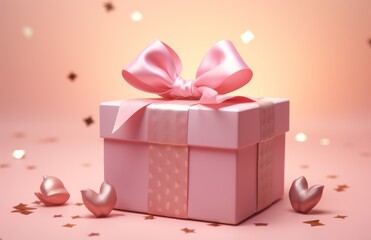 Wall Mural -  a pink gift box with a pink bow sitting on a pink surface with gold confetti around it and a pink background with gold stars and confetti.