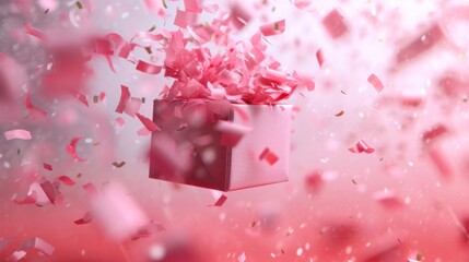 Wall Mural -  a pink gift box with a pink bow and streamers of pink confetti on a pink background with confetti falling from the top of the box.