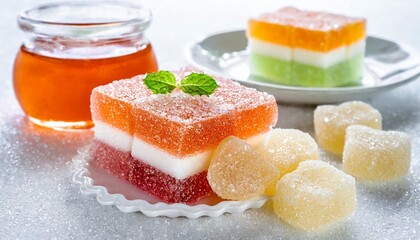 Wall Mural - decay tooth on sweet sugar jelly on white background cause food containing starch or sugar that remain in mouth a long time such as candy or toffee