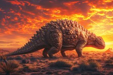 Ancient Ankylosaurus Dinosaur With Armored Plates, Wanders Through A Desert Landscape Under A Fiery Sunset Sky, Highlighted By The Warm Glow