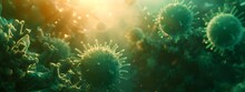 Close-up Of Green Viruses Under Microscopic View With Dramatic Backlight. Science And Medical Conceptual Image. Suitable For Healthcare Designs. AI
