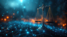 Neutral Artificial Intelligence Scales Of Justice In The Digital World Digital Scale Illustration On Futuristic Network Background. Fairness And Equality In Ethics