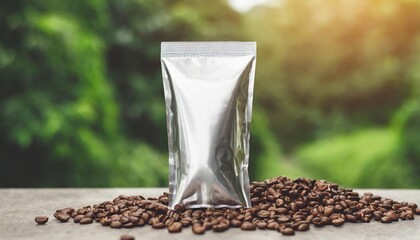 Wall Mural - aluminum coffee bag hermetic ziplock bags kraft paper aluminun foil plastic for coffee bean mockup template coffee bag packaging ready to use for advertisment template background product showcase