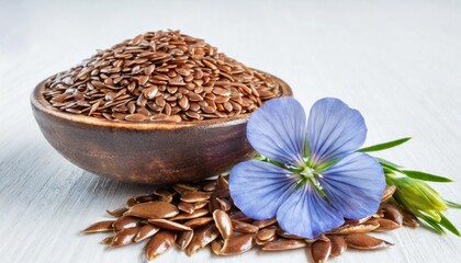 Wall Mural - flax seed and flax flowers closeup on white backgrounds