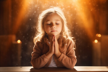 Wall Mural - Young baby girl pray in church Christian life crisis prayer to god. Children Hands praying to god with bible on sunlight glare.