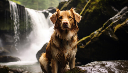 Poster - Cute puppy sitting outdoors, looking at camera, enjoying nature generated by AI