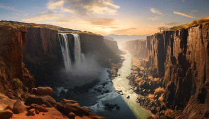 Poster - Majestic sunset over rocky cliff, nature beauty in motion generated by AI