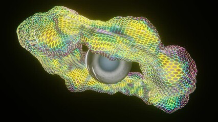 Poster - Abstract neon 3d snake dragon reptile skin scales and metallic chrome sphere pearl animation. Rotating motion design 4K 30 fps seamless loop background