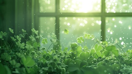 Wall Mural - a close up of a window with a plant in the foreground and a window in the background with raindrops 