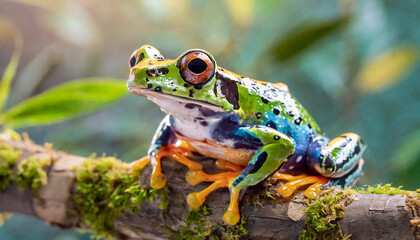 Colorful frog siting on the branch.