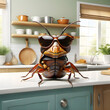 Nonsense surreal image: cockroach wearing sunglasses in a kitchen. Conceptual idea about cockroach detection failure. Insects having a party at home.