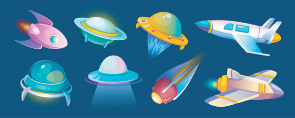 Aufkleber - Alien spaceships mega set in cartoon graphic design. Bundle elements of fantasy UFO space crafts, rockets, flying saucers, shuttles, spacecrafts with glow lights. Vector illustration isolated objects
