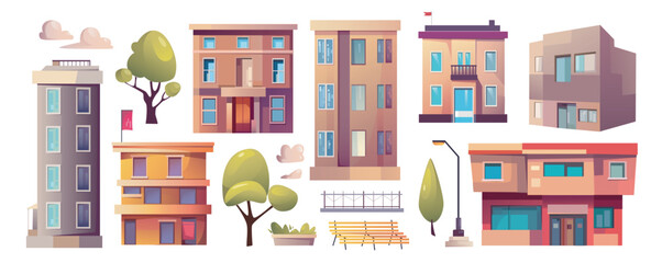 Aufkleber - City infrastructure mega set in cartoon graphic design. Bundle elements of residential houses, office skyscrapers, shop buildings with showcase, trees, lanterns. Vector illustration isolated objects