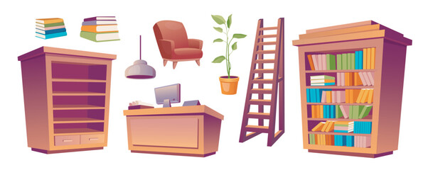 Aufkleber - Library furniture mega set in cartoon graphic design. Bundle elements of bookshelf, stack of books, armchair, desk with computer, ladder, lamp, plant, bookcases. Vector illustration isolated objects