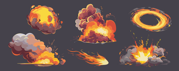 Aufkleber - Fire game effects mega set in cartoon graphic design. Bundle elements of different shapes explosion, flame with smoke clouds, bomb burst with splash, circle flash. Vector illustration isolated objects