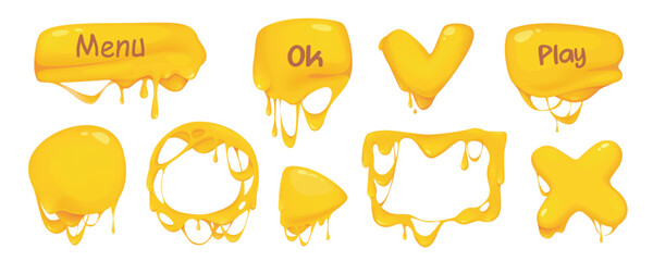 Wall Mural - Melted cheese buttons mega set in cartoon graphic design. Bundle elements of yellow interface kit with menu, ok, play, cross, square or round frames, other shapes. Vector illustration isolated objects