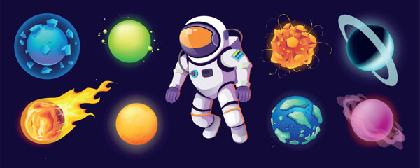 Aufkleber - Astronaut and planets mega set in cartoon graphic design. Bundle elements of fantasy alien planets, comets, asteroids, meteorites and flying explorer spaceman. Vector illustration isolated objects