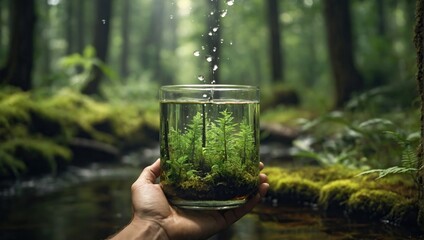 Wall Mural -  Forest water and hands of environmentalist test sample for research or inspection of the ecosystem and environment study Science sustainable and professional scientist doing agriculture exam