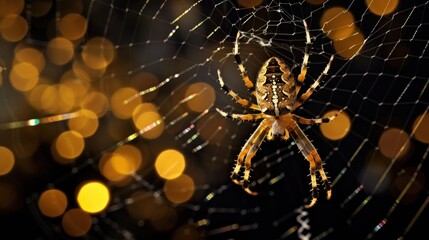 Wall Mural -  a close up of a spider on it's web in front of a blurry background of yellow and brown lights in the evening light of the spider's web.