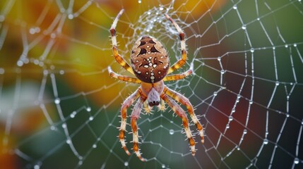 Wall Mural - a close up of a spider on it's web with dew drops on it's back and it's face in the center of the sp