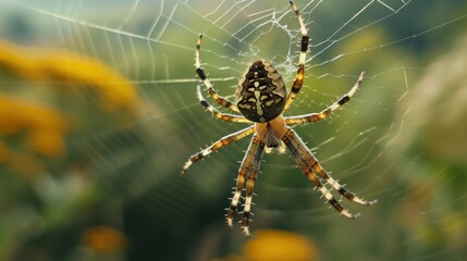 Wall Mural - a close up of a spider on its web in the middle of a field of sunflowers in the foreground, with a b