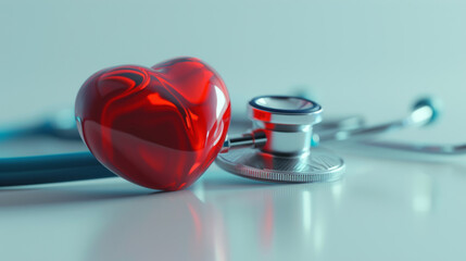 Wall Mural - A conceptual red heart model lies next to a stethoscope on a reflective surface, symbolizing medical health and cardiological care.