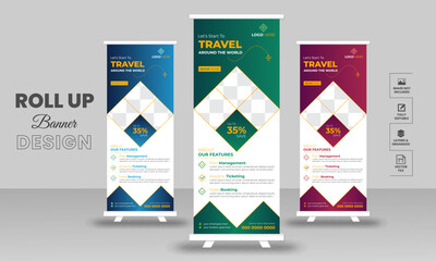 Travel Business agency Roll Up Banner Template presentation, vector layout for tour or travel vacation  purposes.