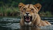 Lioness displaying dangerous teeth in lake