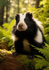 Sticker - A black and white striped skunk sitting on a log. Generative AI.