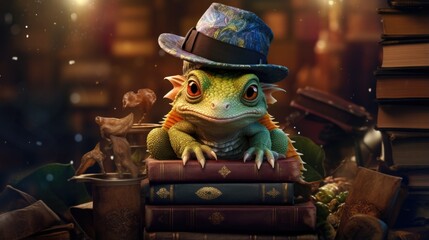 Poster - A lizard wearing a hat and sitting on top of books. Generative AI.