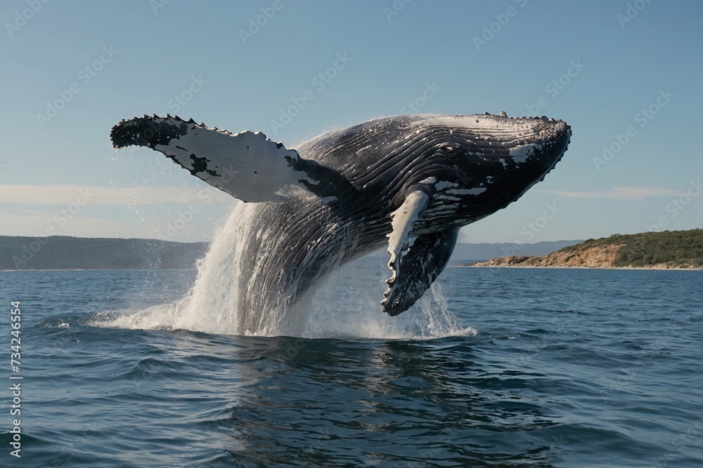majestic humpback whale breaching gracefully out of the water near a ...