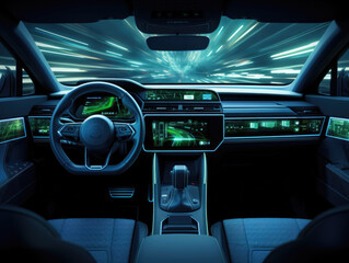 Canvas Print - The interior of a car with a dashboard and steering wheel. Generative AI.