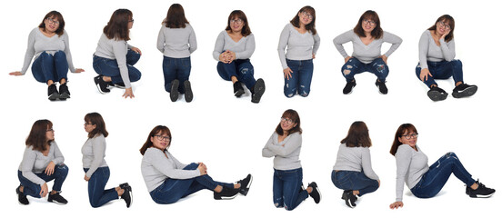 Wall Mural - various poses of the same woman kneeling, squatting and sitting on white background