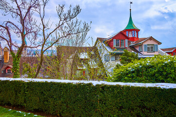 Poster - Medieval building with small red tower, Lindenhof hill garden, Zürich, Switzerland