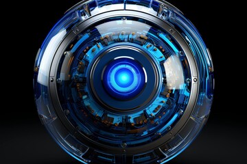 illustration of futuristic sphere as blue eye on black background