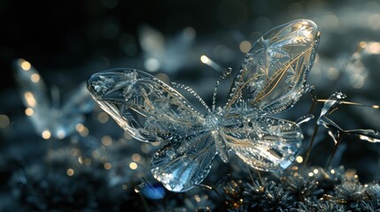 Wall Mural -  a close up of a snowflake that looks like a dragonfly with wings spread out of it's wings, on a dark background of snow flakes.