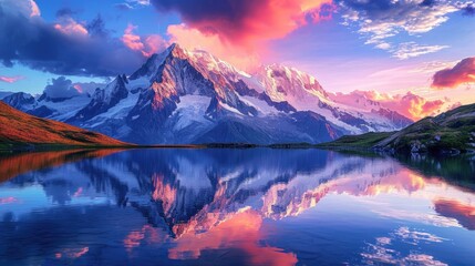 Wall Mural - A majestic mountain landscape at sunset, snow-capped peaks, a crystal-clear lake reflecting the vibrant sky, serene nature. Resplendent.