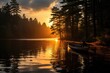 Golden reflection mesmerizes in serene lake at dusk., generative IA