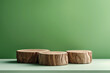 Three wooden round empty product podium with copy space, light green background, environmentally friendly