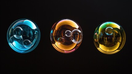 Wall Mural -  a group of three glass objects sitting next to each other on a black surface in the middle of the picture are three different colored glass objects in the same color.